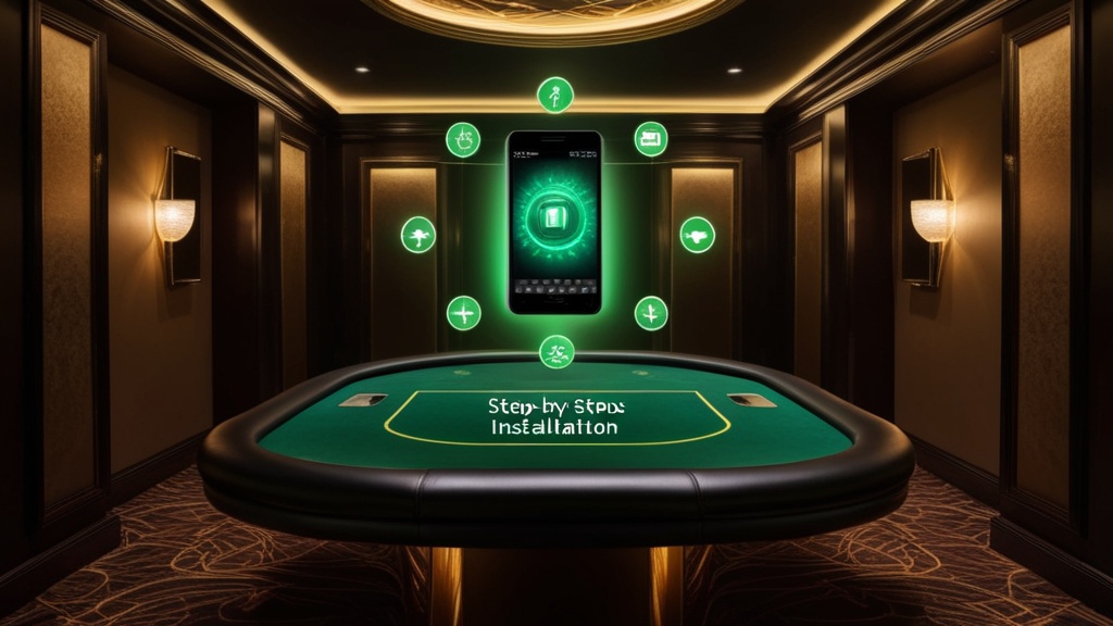 Telemóvel com passos de download da app em cenário de casino